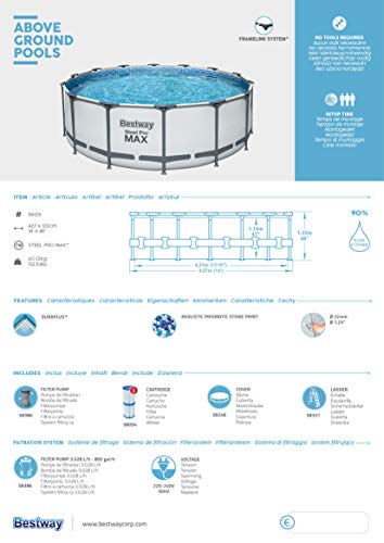 Bestway Steel Pro MAX Frame Pool Komplett-Set mit Filterpumpe Ø 427 x 122 cm, lichtgrau, rund