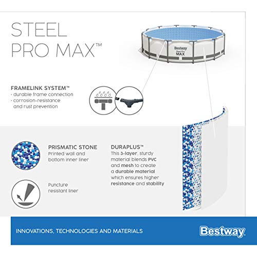 Bestway Steel Pro MAX Frame Pool Komplett-Set mit Filterpumpe Ø 427 x 122 cm, lichtgrau, rund