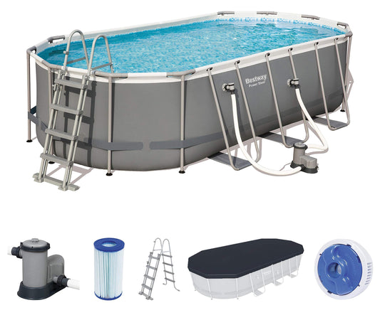 Bestway Power Steel Framepool Komplett-Set, oval, mit Filterpumpe, Sicherheitsleiter & Abdeckplane 549 x 274 x 122 cm