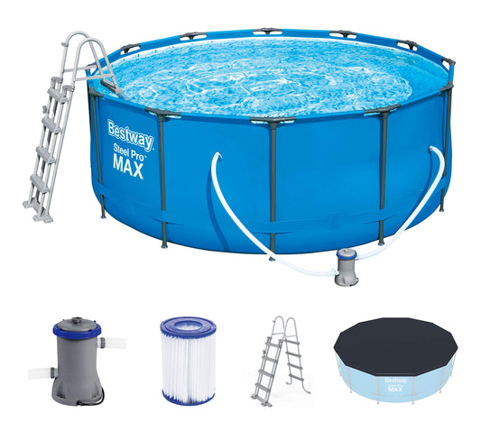 Bestway Steel Pro Max 366x122 cm, stabiler Frame Pool rund im Komplett Set, inklusive Filterpumpe, Sicherheitsleiter und PVC-Abdeckplane